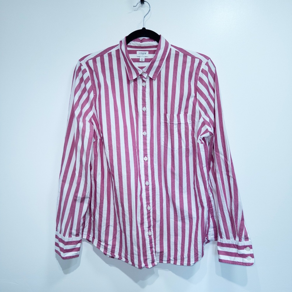 New J. Crew Raspberry Pink Striped Signature Fit Cotton-Blend Shirt Size Large
